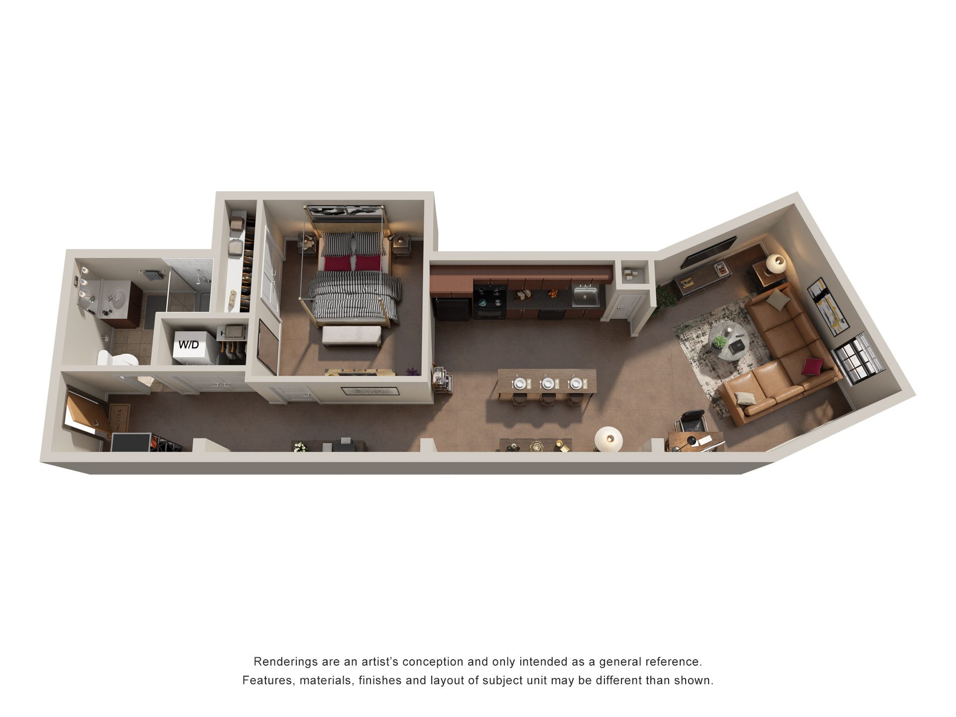 Floor plan for 1 bed, 1 bath, 736 sqft